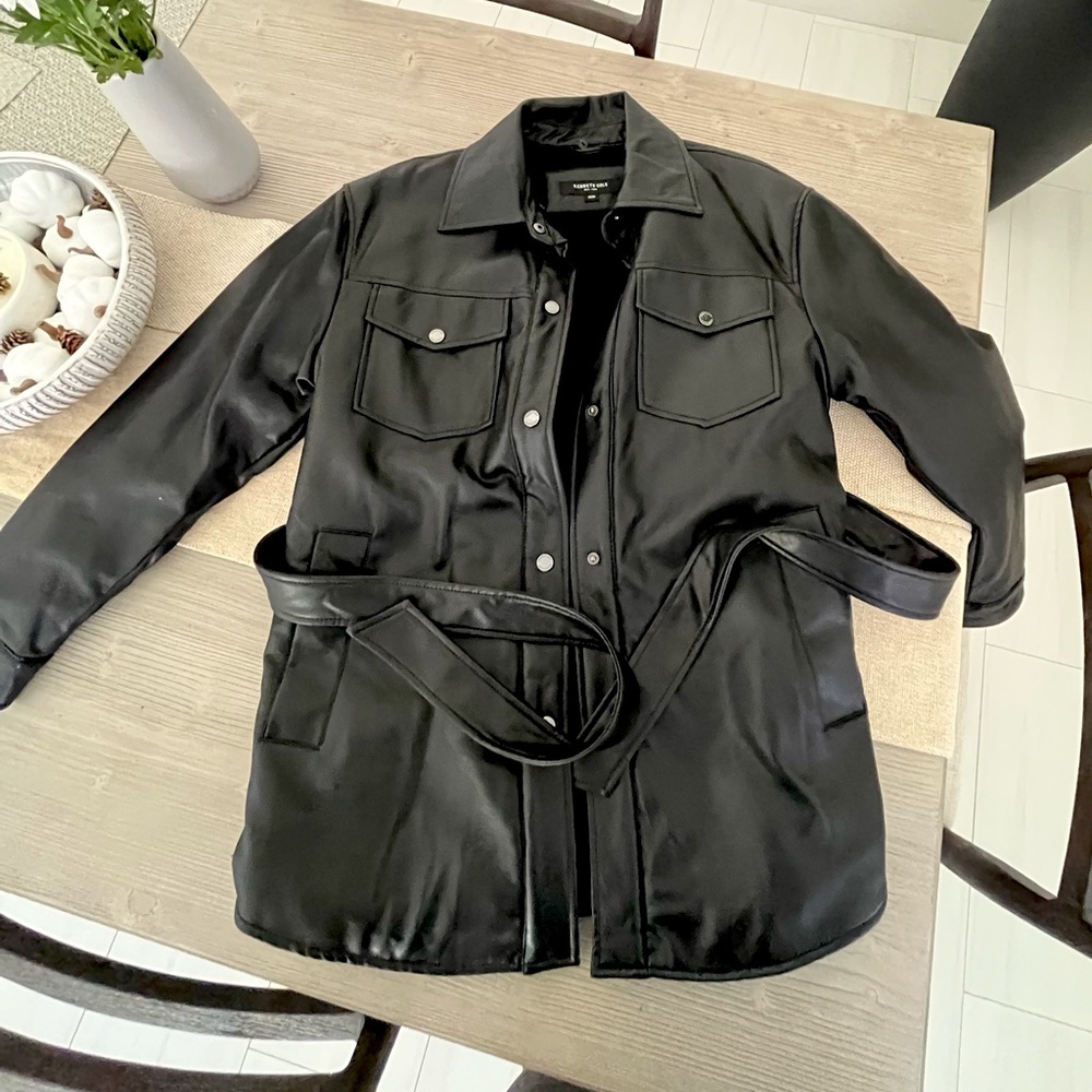 Kenneth Cole- Faux Leather & Sherpa Belted Shirt Jacket - Picture 7 of 10